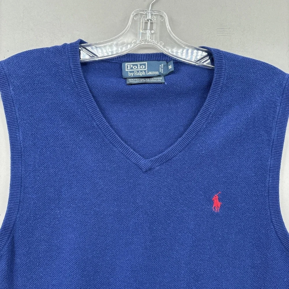 Polo Ralph Lauren Sweater Vest Mens Medium Blue Cotton Cashmere‎ V Neck Vintage